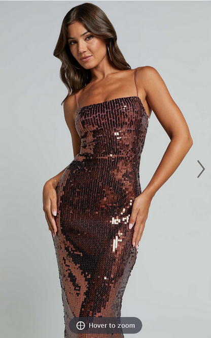 Showpo Dorice Midi Dress - Strappy Straight Neck Square Sequin Dress in Chocolate