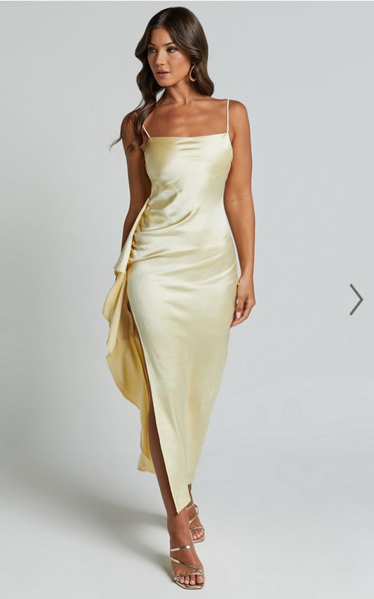 Showpo Carolina Maxi Dress - Frill Detail Satin Square Neck Dress in Lemon