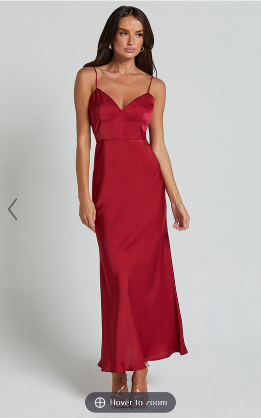 Showpo Jovana Midi Dress - Bust Panel Detail Satin Slip Dress in Wine