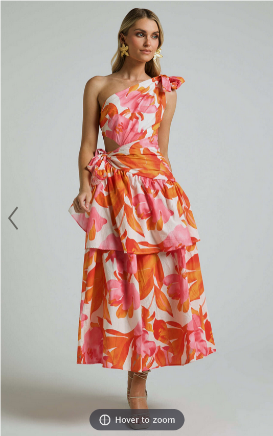 Showpo Honolulu Midi Dress - One Shoulder Tiered Dress in Orange Floral