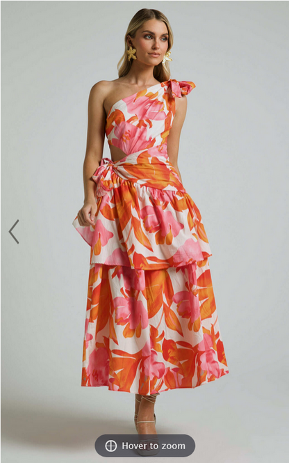 Showpo Honolulu Midi Dress - One Shoulder Tiered Dress in Orange Floral