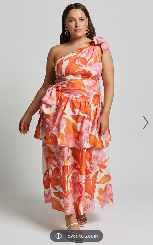 Showpo Honolulu Midi Dress - One Shoulder Tiered Dress in Orange Floral