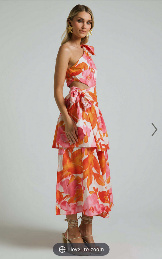 Showpo Honolulu Midi Dress - One Shoulder Tiered Dress in Orange Floral