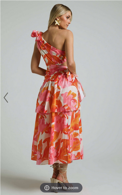 Showpo Honolulu Midi Dress - One Shoulder Tiered Dress in Orange Floral