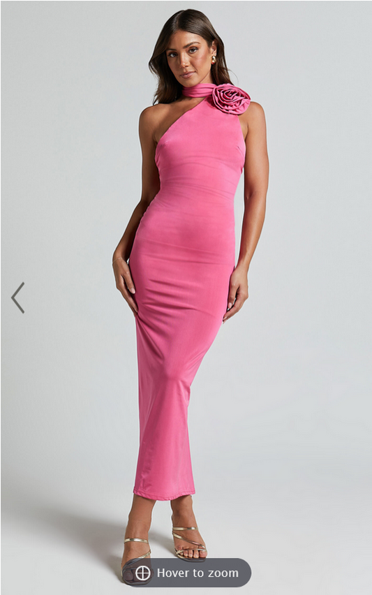 Showpo Alvera Maxi Dress - Rosette Neck Tie Detail Ruched Dress in Pink