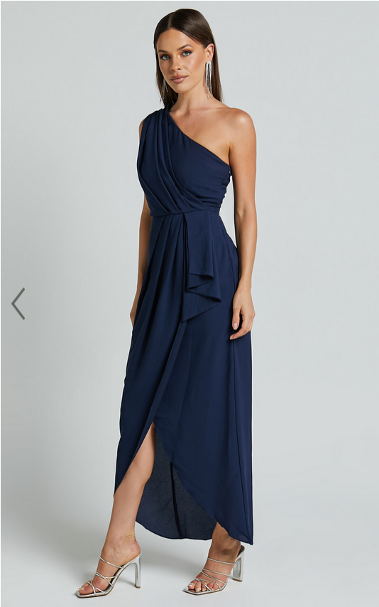 Showpo Namaari Midi Dress - Faux Wrap One Shoulder Dress in Navy