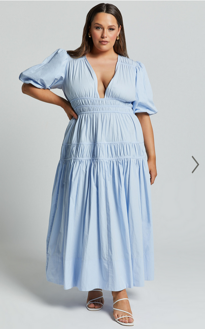 Showpo Mellie Midi Dress - Puff Sleeve Plunge Tiered Dress