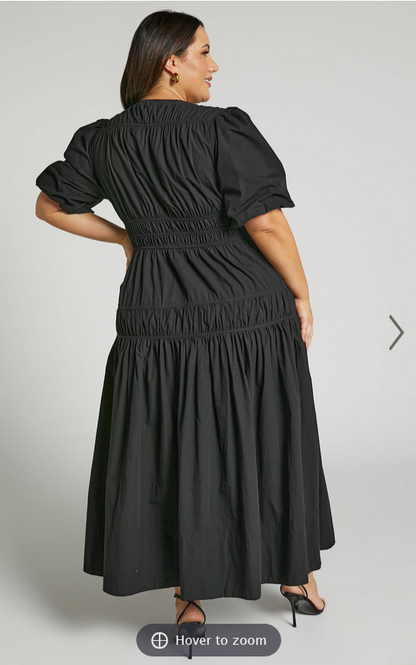 Showpo Mellie Midi Dress - Puff Sleeve Plunge Tiered Dress