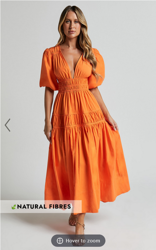 Showpo Mellie Midi Dress - Puff Sleeve Plunge Tiered Dress