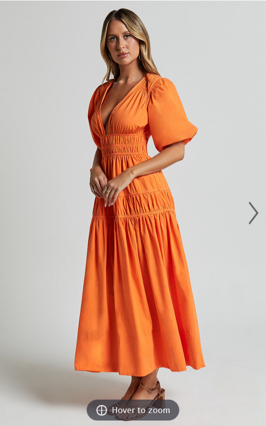 Showpo Mellie Midi Dress - Puff Sleeve Plunge Tiered Dress