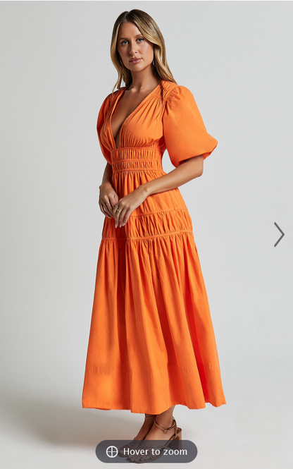 Showpo Mellie Midi Dress - Puff Sleeve Plunge Tiered Dress