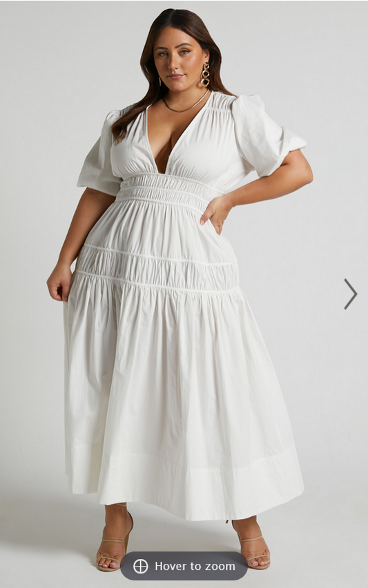 Showpo Mellie Midi Dress - Puff Sleeve Plunge Tiered Dress