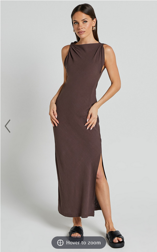 Showpo Jessenia Midi Dress - Linen Look High Neck Dress