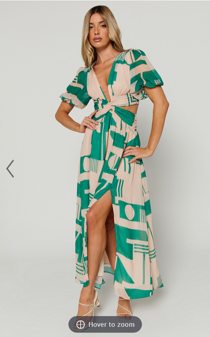 Showpo Lindey Midi Dress - Side Cut Plunge Neck Puff Sleeve Dress in Green and Cream Geo