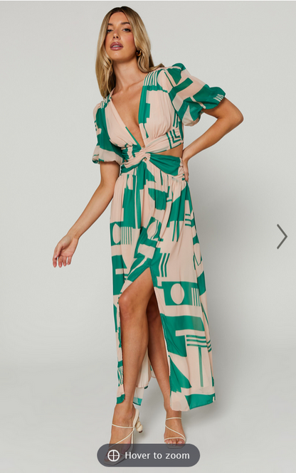 Showpo Lindey Midi Dress - Side Cut Plunge Neck Puff Sleeve Dress in Green and Cream Geo