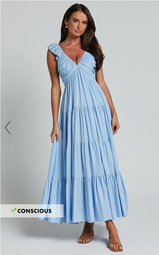 Showpo Nicollee Midi Dress - Plunge Neck Sleeveless Tiered Dress in Blue