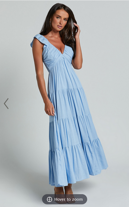 Showpo Nicollee Midi Dress - Plunge Neck Sleeveless Tiered Dress in Blue