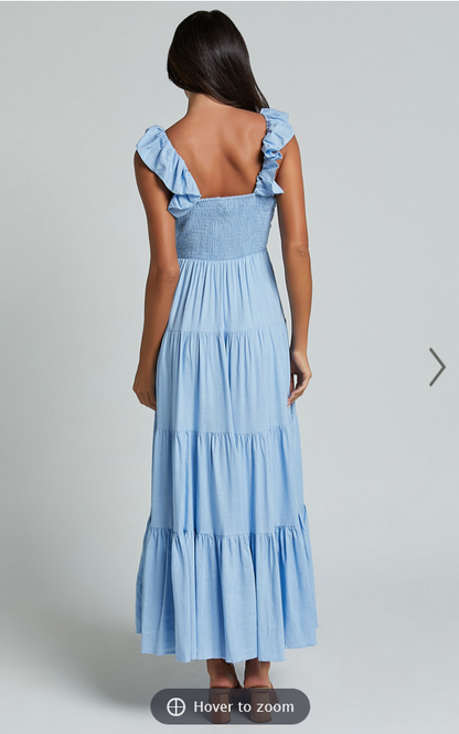 Showpo Nicollee Midi Dress - Plunge Neck Sleeveless Tiered Dress in Blue