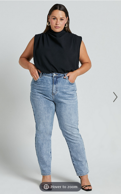 Showpo Billie Jeans - High Waisted Recycled Cotton Mom Denim Jeans in Mid Blue Wash