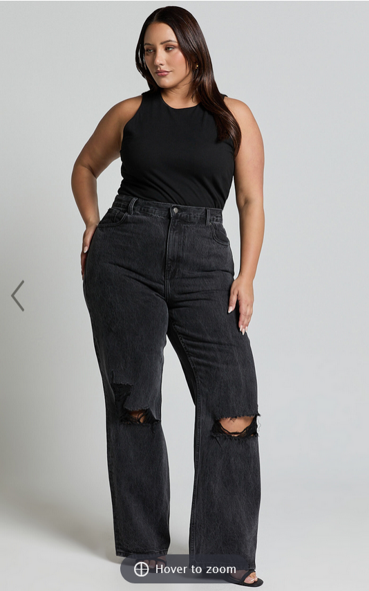 Showpo Miho Jeans - High Waisted Recycled Cotton Distressed Straight Leg Denim Jeans in Washed Black