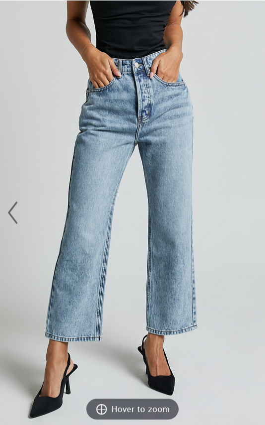 Showpo Wilkins Jeans - High Waisted Straight Leg Cropped Hem Jeans in Mid Blue Wash