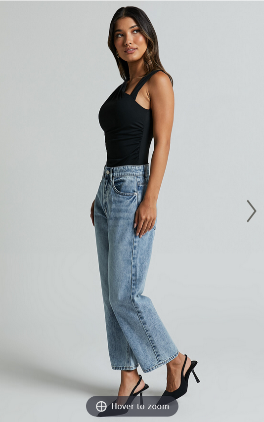 Showpo Wilkins Jeans - High Waisted Straight Leg Cropped Hem Jeans in Mid Blue Wash