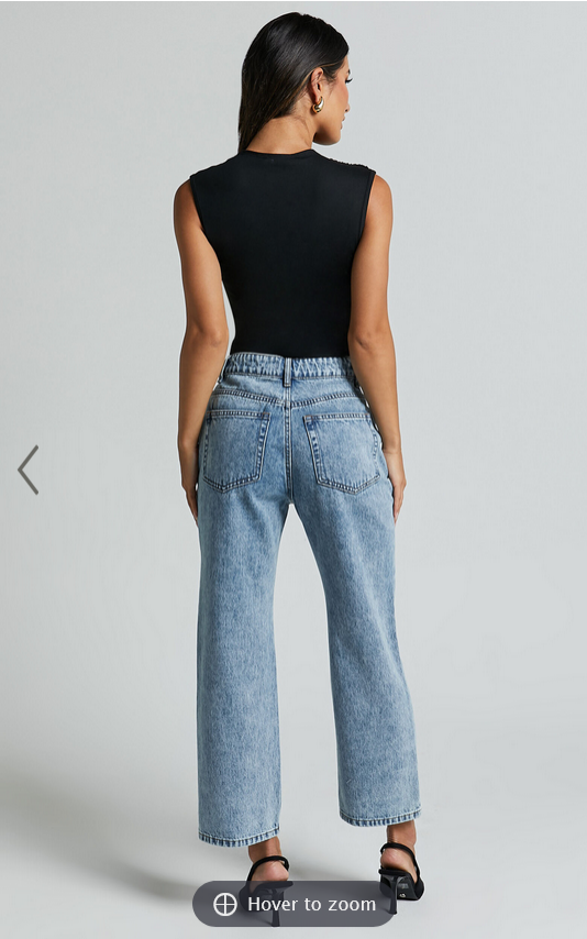 Showpo Wilkins Jeans - High Waisted Straight Leg Cropped Hem Jeans in Mid Blue Wash