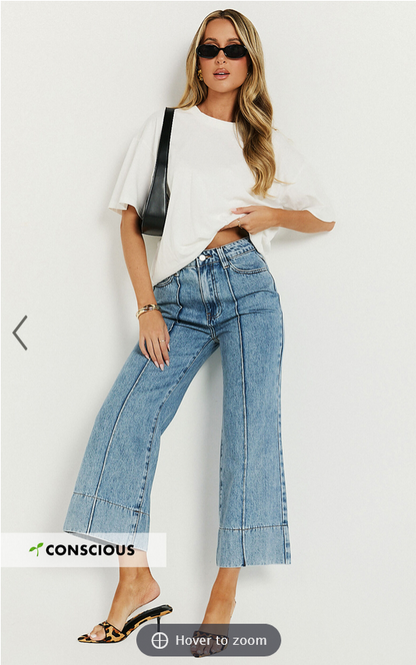 Showpo Jolene Jeans - Mid Rise Wide Leg Recycled Denim Cropped Jeans in Mid Blue Wash