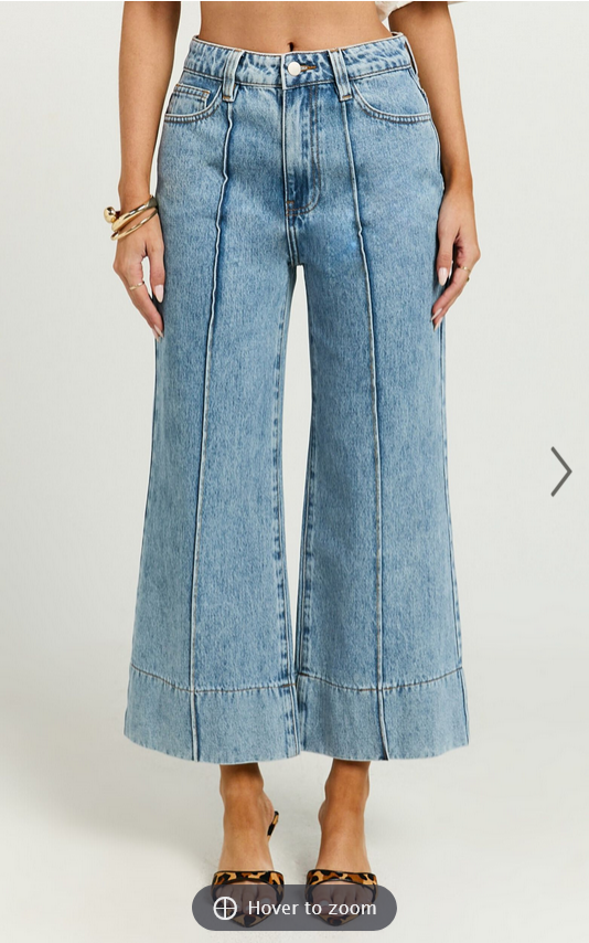 Showpo Jolene Jeans - Mid Rise Wide Leg Recycled Denim Cropped Jeans in Mid Blue Wash