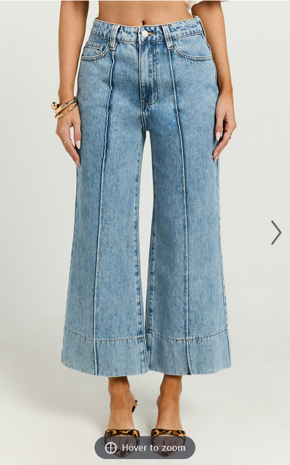 Showpo Jolene Jeans - Mid Rise Wide Leg Recycled Denim Cropped Jeans in Mid Blue Wash