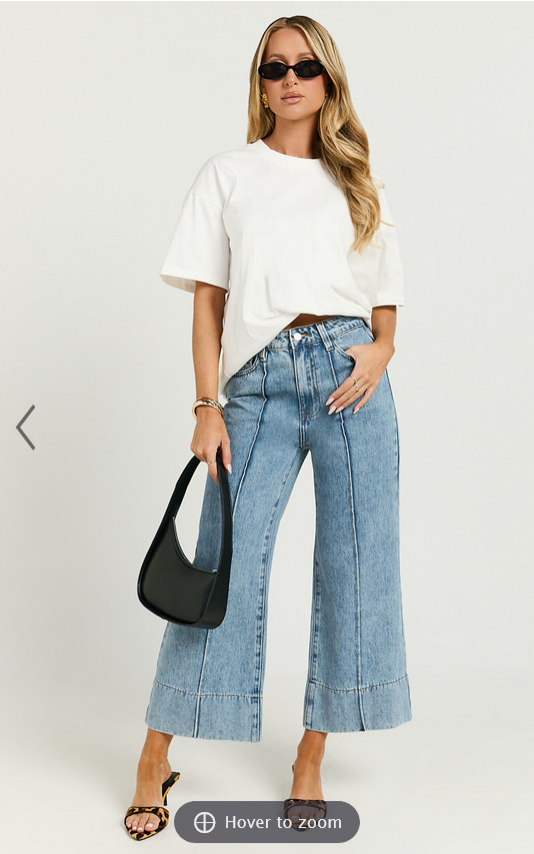 Showpo Jolene Jeans - Mid Rise Wide Leg Recycled Denim Cropped Jeans in Mid Blue Wash