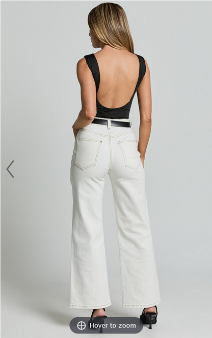 Showpo Malcolm Jeans - Mid Rise Contrast Stitch Flared Denim Jeans in White Denim