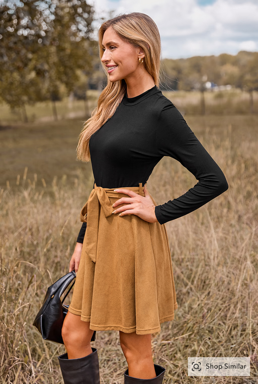 Cupshe Black Long Sleeve Top Khaki Skirt Mini Dress