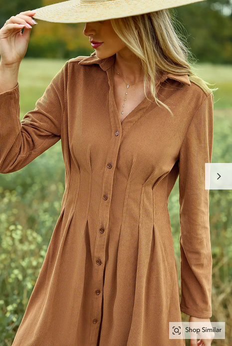 Cupshe Tan Corduroy Collared Long Sleeve Mini Shirt Dress