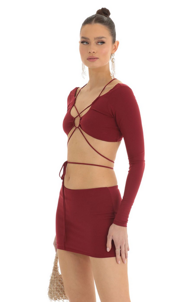 Lucy in the Sky Cutout Two Piece Skirt Set in Red