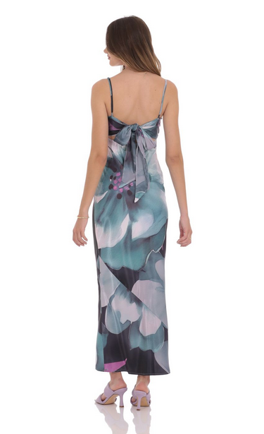 Lucy in the Sky Floral Back Tie Maxi Dress in Dark Teal