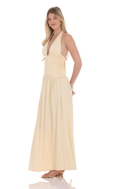 Lucy in the Sky Halter Ruched Cinched Maxi Dress in Beige