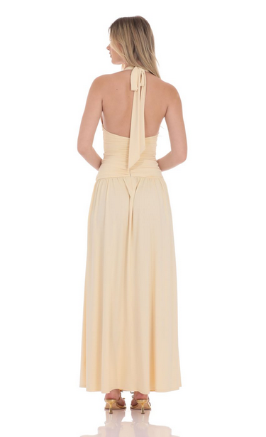 Lucy in the Sky Halter Ruched Cinched Maxi Dress in Beige