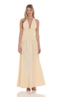 Lucy in the Sky Halter Ruched Cinched Maxi Dress in Beige