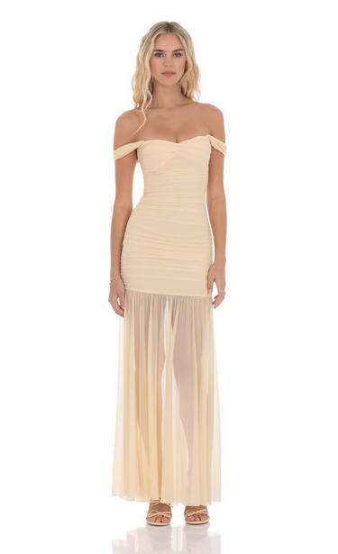 Lucy in the Sky Mesh Off Shoulder Ruched Maxi Dress in Beige