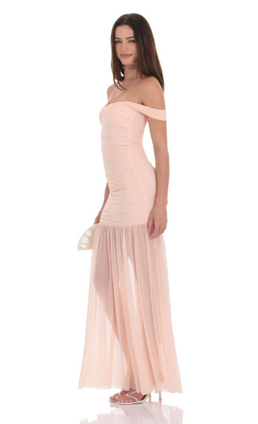 Lucy in the Sky Mesh Off Shoulder Ruched Maxi Dress in Blush Pink
