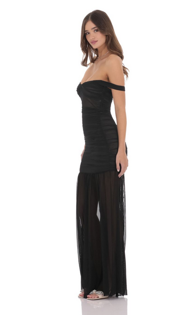Lucy in the Sky Mesh Off Shoulder Ruched Maxi Dress in Black