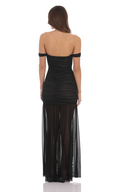 Lucy in the Sky Mesh Off Shoulder Ruched Maxi Dress in Black