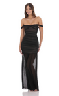 Lucy in the Sky Mesh Off Shoulder Ruched Maxi Dress in Black