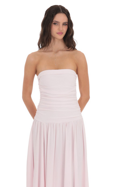 Lucy in the Sky Strapless Drop Waist Maxi Dress in Pastel Pink