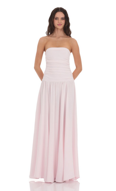 Lucy in the Sky Strapless Drop Waist Maxi Dress in Pastel Pink