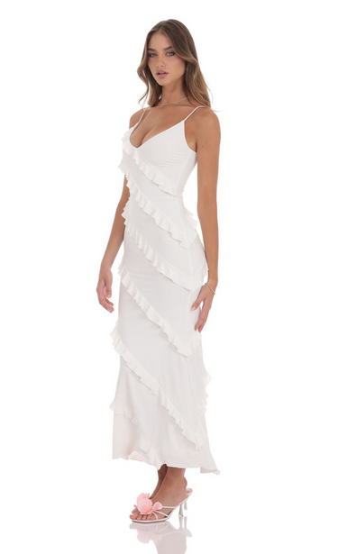 Lucy in the Sky Ruffle V-Neck Maxi Dress in White