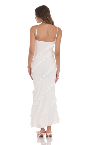 Lucy in the Sky Ruffle V-Neck Maxi Dress in White