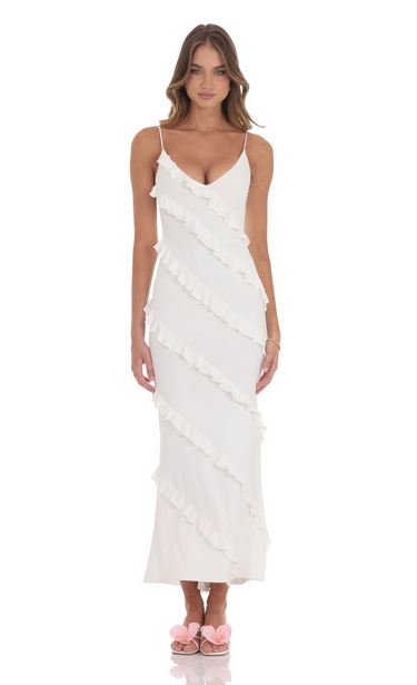 Lucy in the Sky Ruffle V-Neck Maxi Dress in White