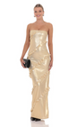 Lucy in the Sky Metallic Ruffle Strapless Maxi Dress in Gold
